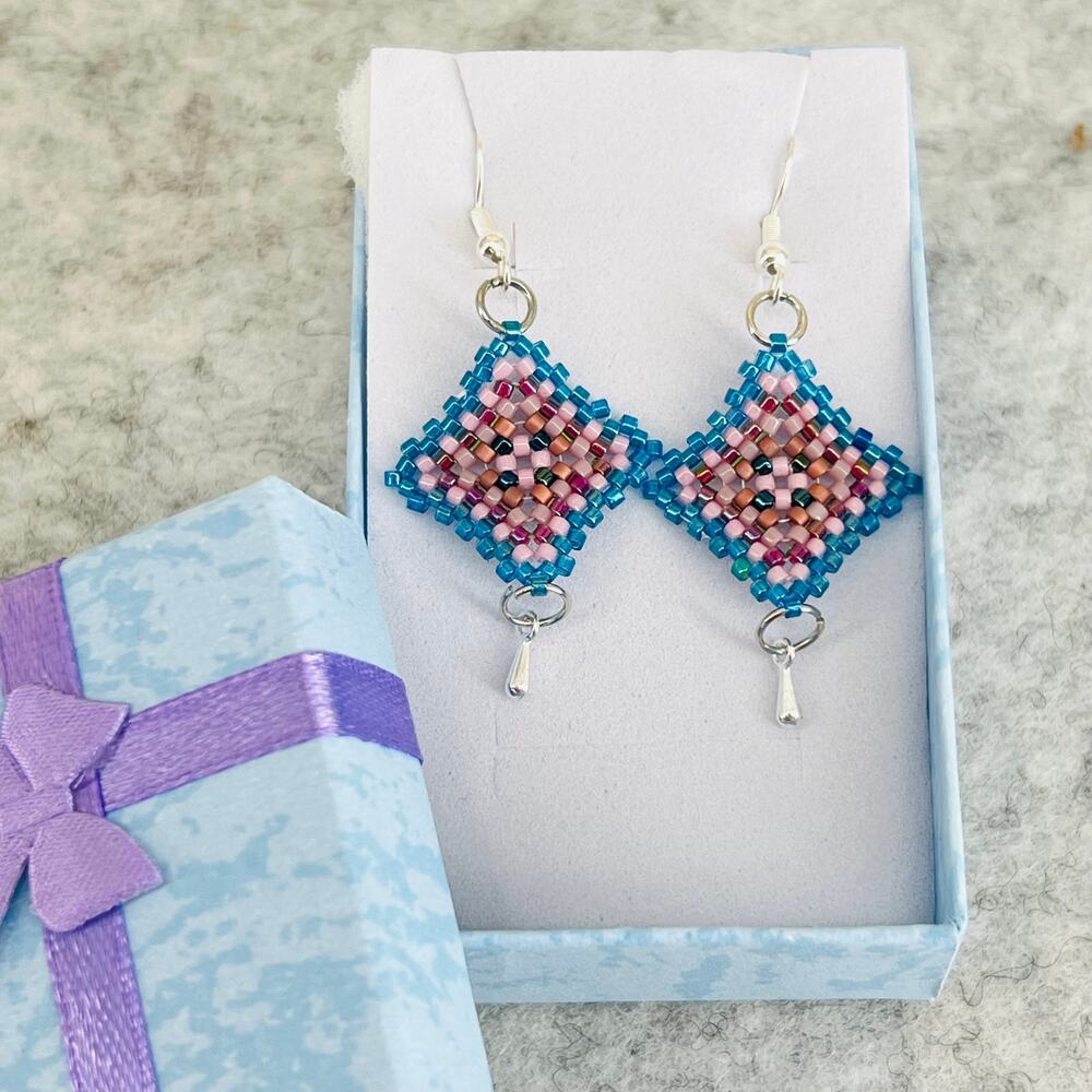 HANDMADE Granny Square Earrings Pink Lavender Turquoise Silver Tone 2'' Drop